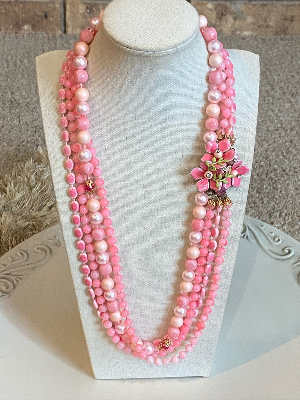 Vintage Pink Multi Strand Necklace Floral Enamel Clasp